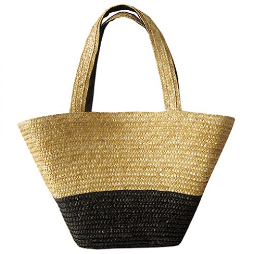 Straw Tote: Woven Wheat Straw Tote - 2 Tones - Black - BG-R11052BK